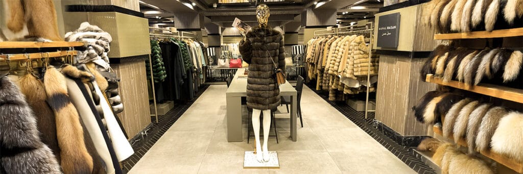 Luxury interior of Mahal Hasan, best quality fur and leather brand in Istanbul, premier leather house for Istanbul fur shopping, showcasing luxury fur coats and high-end winter jackets in a top Istanbul fur shop located near the Turkish leather market and Zeytinburnu garment district, ideal place to buy fur in Istanbul and purchase fur Turkey.