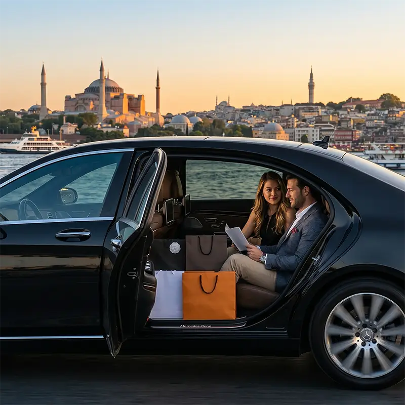 Luxury shopper arriving at a designer boutique in Istanbul using a private VIP chauffeur transfer with a premium vehicle and personalized shopping service.