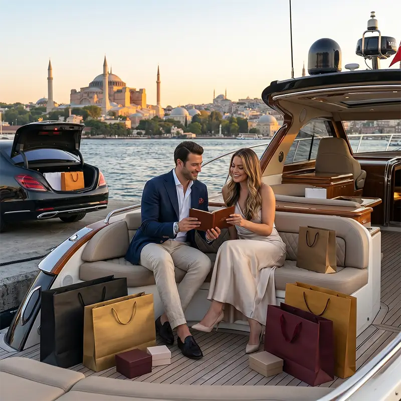 Luxury shopper arriving at a designer boutique in Istanbul using a private VIP chauffeur transfer with a premium vehicle and personalized shopping service.