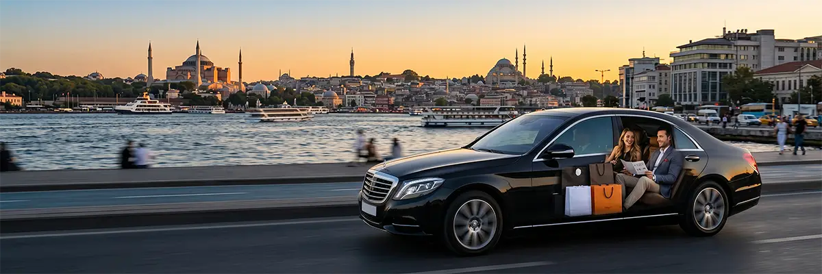 Luxury shopper arriving at a designer boutique in Istanbul using a private VIP chauffeur transfer with a premium vehicle and personalized shopping service.